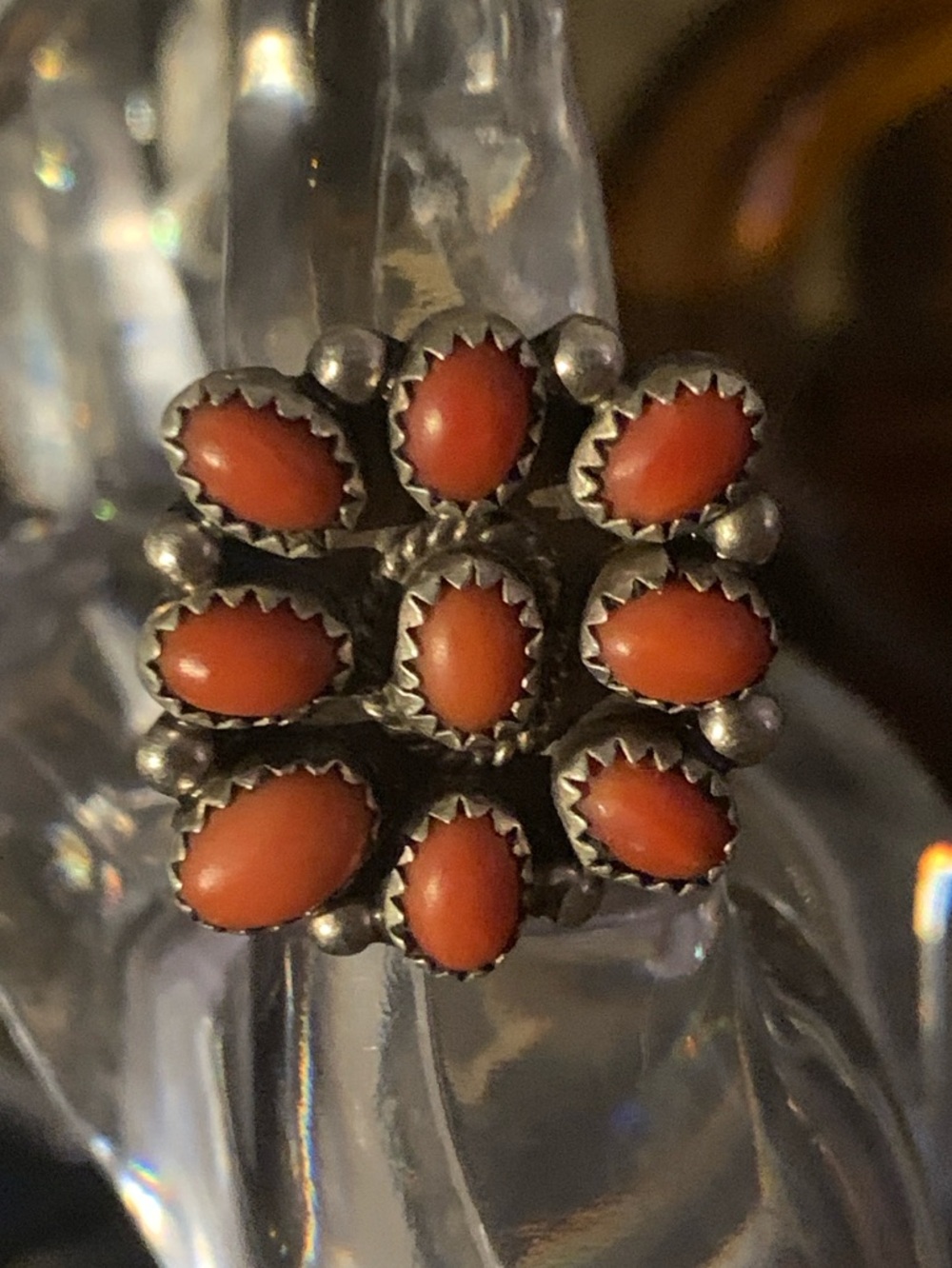 Vintage Native American Cluster Coral 
Ring